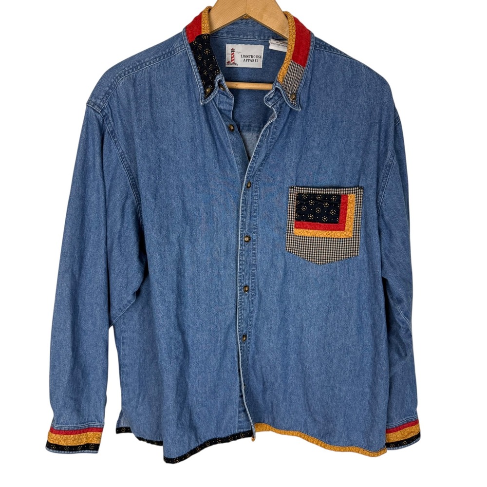 Lighthouse Apparel Denim Shirt Unisex Large Red Blue Patchwork Cuffs Button Down